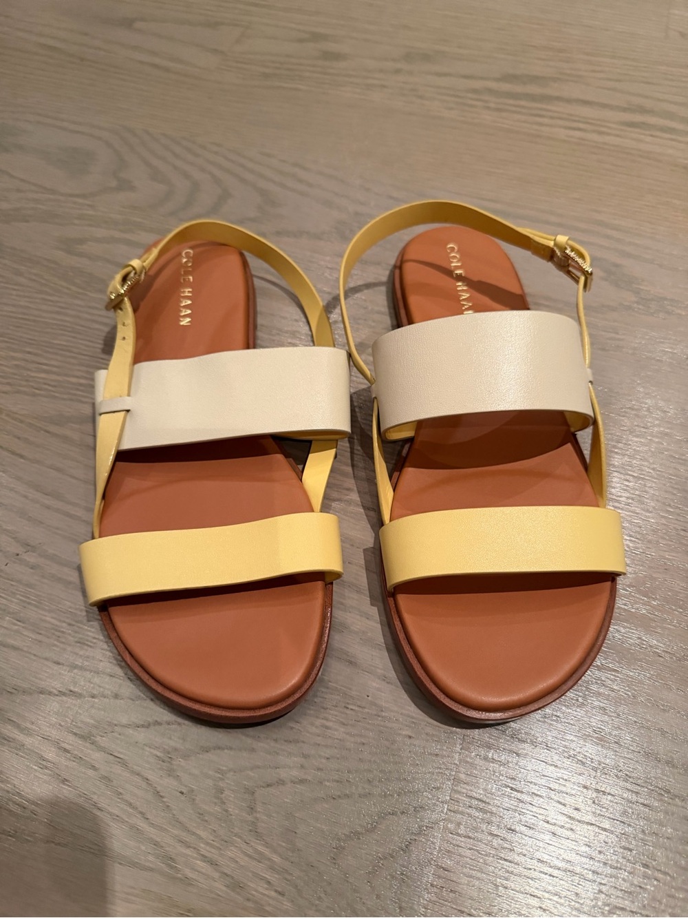 Cole Haan Yellow and Cream Leather Strappy Flat Sandals